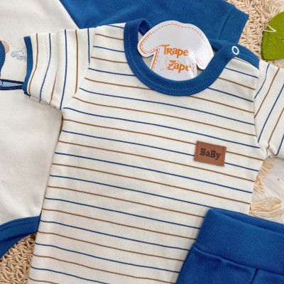 Conj. de Malha 3 peças - Ursinho Aviador - Marinho e Off White